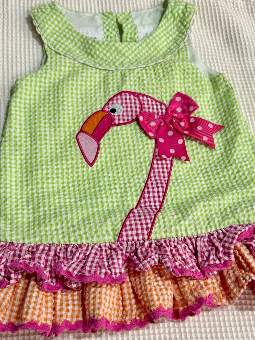 Bonnie Jean Green Gingham Flamingo Dress with Pink Bow